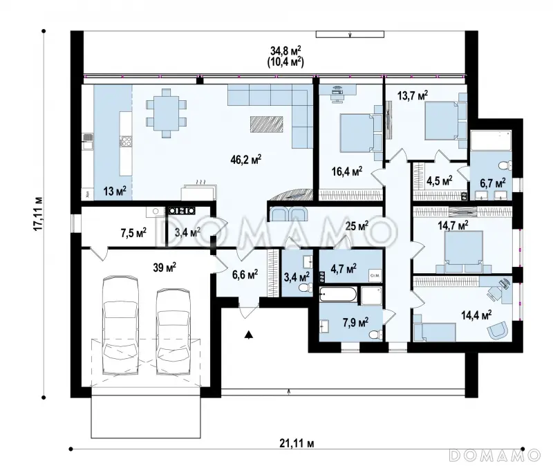 Проект просторного современного одноэтажного дома из газобетона с плоской крышей, большой площадью остекления, с четырьмя спальнями и большим гаражом / План 1 этажа