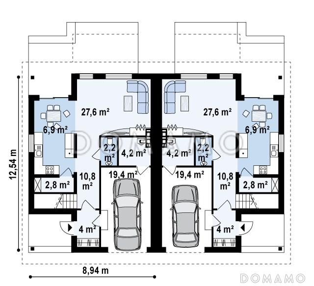 Проект мансардных домов-близнецов из кирпича с гаражом и французскими балконами / План 1 этажа