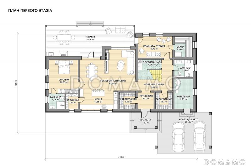 Проект кирпичного дома с мансардой, террасой барбекю и сауной / План 1 этажа
