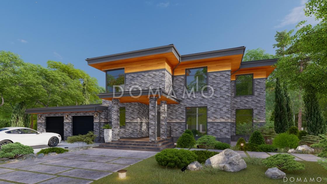 Проект двухэтажного дома из газобетона с 4 спальнями, кабинетом и крытой террасой / 1