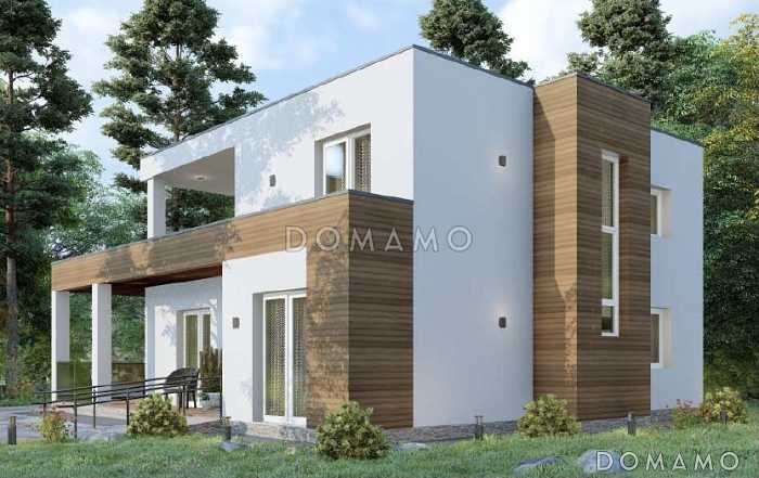 Проект двухэтажного дома с плоской крышей, изолированной кухней-столовой, гостиной с выходом на террасу, гостевой комнатой Проект двухэтажного дома с плоской крышей, изолированной кухней-столовой, гостиной с выходом на террасу, гостевой комнатой