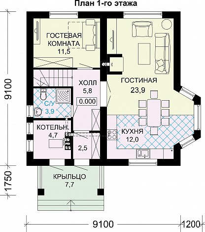 Проект дома из газобетона с эркером / План 1 этажа