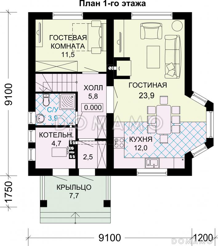 Проект дома из газобетона с эркером / План 1 этажа