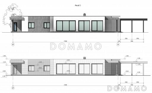 Проект одноэтажного дома с мастер-спальней, двумя детскими, гаражом, навесом и верандой / Фасад 3