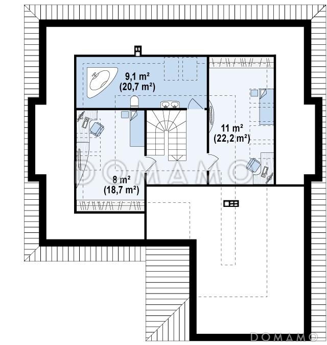 Проект полутораэтажного дома из газобетона с небольшой мансардой и с гаражом на два автомобиля / План мансардного этажа