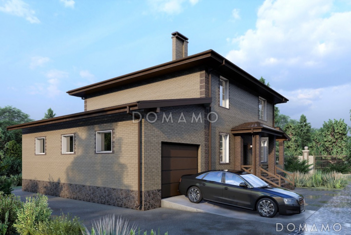 Проект двухэтажного дома из газобетона с пристроенным гаражом и верандой Проект двухэтажного дома из газобетона с пристроенным гаражом и верандой