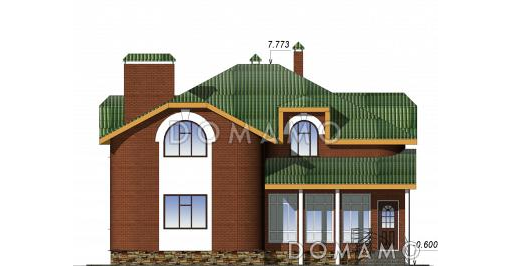 Проект одноэтажного кирпичного коттеджа с мансардным этажом / Фасад 1