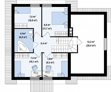 Проект классического одноэтажного мансардного дома из кирпича с четырьмя спальнями и гаражом / План мансардного этажа Проект классического одноэтажного мансардного дома из кирпича с четырьмя спальнями и гаражом / План мансардного этажа
