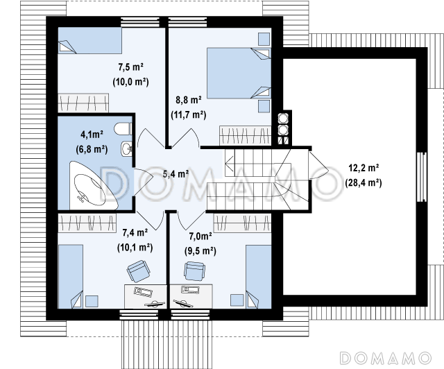 Проект классического одноэтажного мансардного дома из кирпича с четырьмя спальнями и гаражом / План мансардного этажа