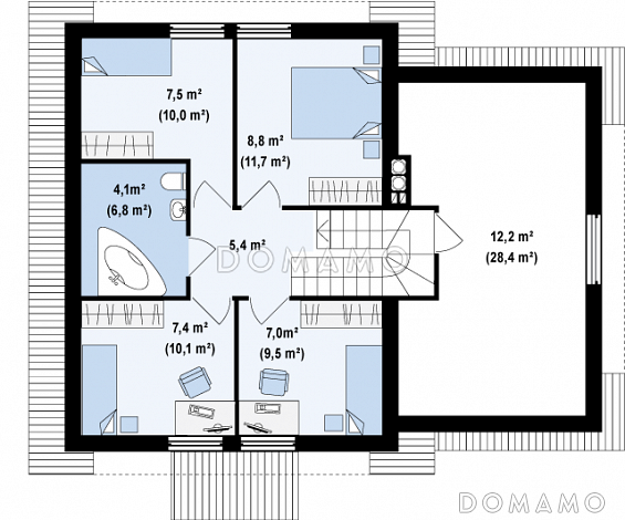 Проект классического одноэтажного мансардного дома из кирпича с четырьмя спальнями и гаражом / План мансардного этажа Проект классического одноэтажного мансардного дома из кирпича с четырьмя спальнями и гаражом / План мансардного этажа