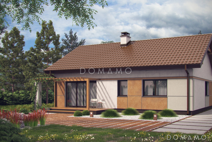 Проект компактного одноэтажного дома из кирпича с двумя спальнями, техническим помещением и изолированной кухней Проект компактного одноэтажного дома из кирпича с двумя спальнями, техническим помещением и изолированной кухней