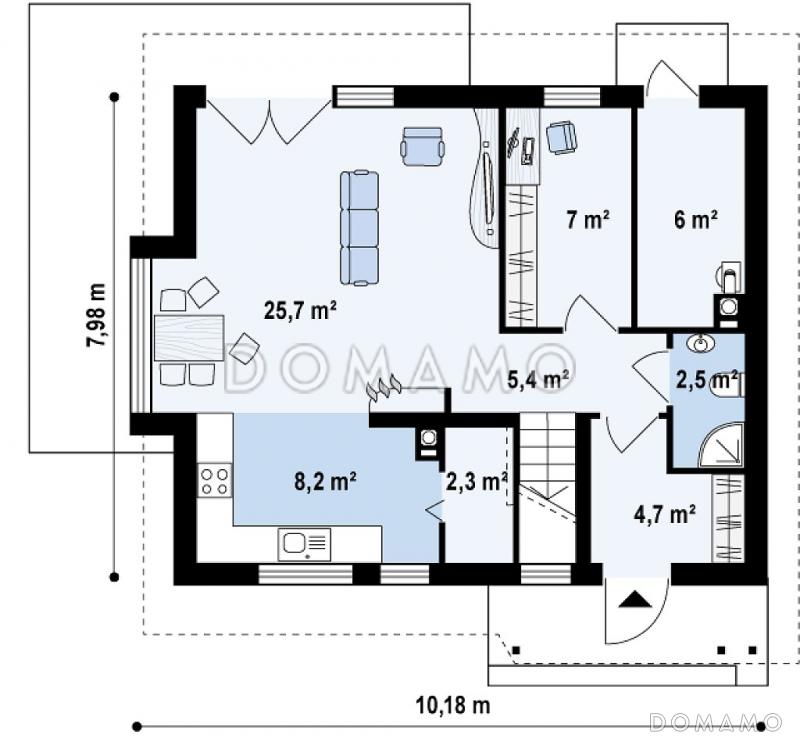 Проект небольшого одноэтажного мансардного дома из газобетона с кабинетом на первом этаже и эркером / План 1 этажа