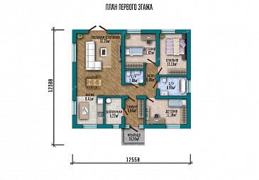 Проект одноэтажного дома с окнами в пол, тремя спальнями и выходом из гостиной в сад / План 1 этажа Проект одноэтажного дома с окнами в пол, тремя спальнями и выходом из гостиной в сад / План 1 этажа