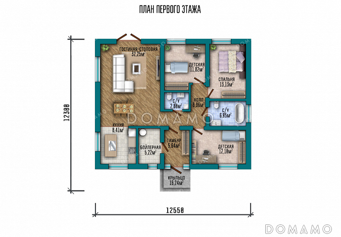 Проект одноэтажного дома с окнами в пол, тремя спальнями и выходом из гостиной в сад / План 1 этажа Проект одноэтажного дома с окнами в пол, тремя спальнями и выходом из гостиной в сад / План 1 этажа