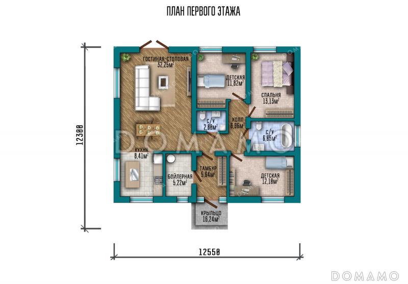 Проект одноэтажного дома с окнами в пол, тремя спальнями и выходом из гостиной в сад / План 1 этажа