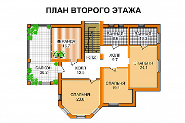 Проект двухэтажного дома с гаражом, просторным балконом и большой столовой / План 2 этажа Проект двухэтажного дома с гаражом, просторным балконом и большой столовой / План 2 этажа