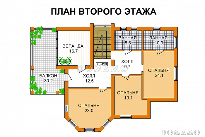 Проект двухэтажного дома с гаражом, просторным балконом и большой столовой / План 2 этажа Проект двухэтажного дома с гаражом, просторным балконом и большой столовой / План 2 этажа