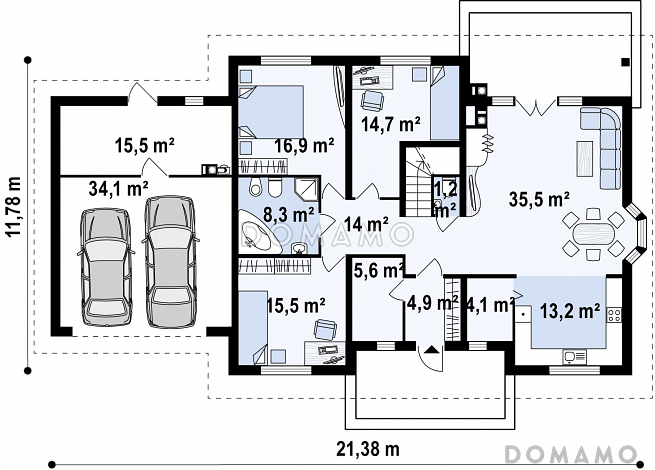 Проект одноэтажного дома из газобетона с мансардой, гаражом на два автомобиля и зоной барбекю на террасе  / План 1 этажа