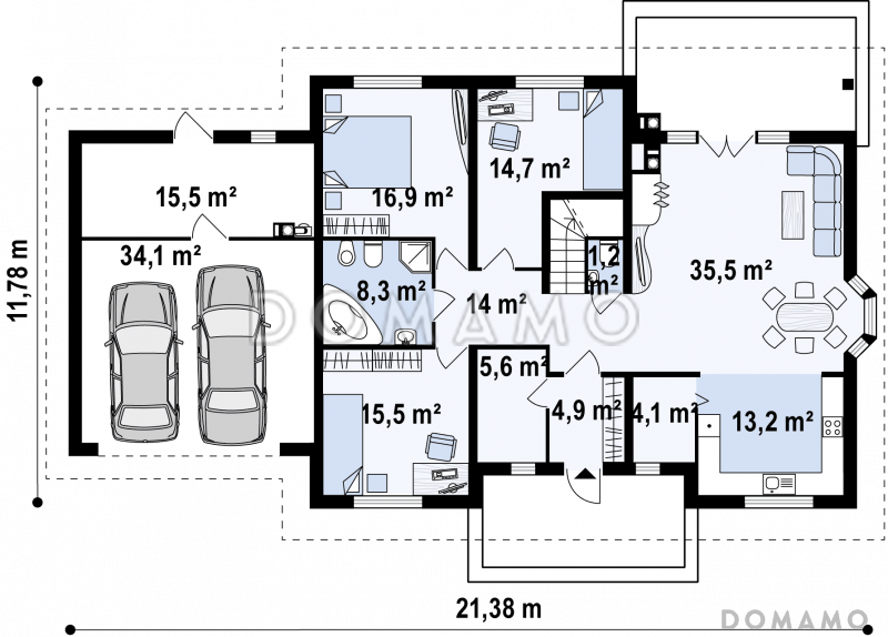 Проект одноэтажного дома из газобетона с мансардой, гаражом на два автомобиля и зоной барбекю на террасе  / План 1 этажа