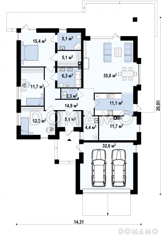 Проект одноэтажного дома из кирпича со свободной планировкой на мансардном этаже и с большим гаражом и техническим помещением / План 1 этажа
