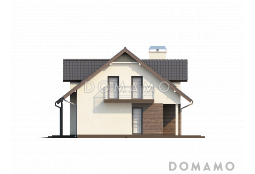 Проект одноэтажного мансардного дома из кирпича с балконом, с четырьмя спальнями и встроенным гаражом / Фасад 3