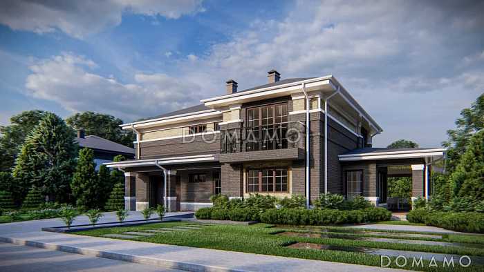 Проект двухэтажного дома с крытой террасой, гаражом, большой кухней и гостиной,  балконами, спальней на первом этаже