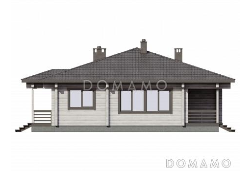 Проект деревянного дома с тремя спальнями, квадратной гостиной-столовой и крытой террасой / Фасад 4