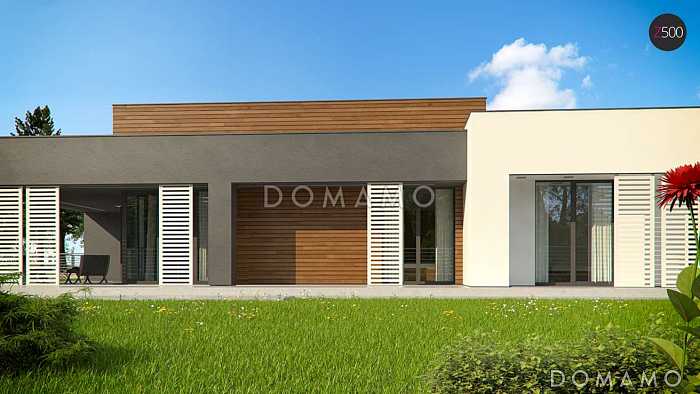 Проект одноэтажного дома из кирпича с плоской крышей, большой площадью остекления и крытой террасой, увеличенная версия Проект одноэтажного дома из кирпича с плоской крышей, большой площадью остекления и крытой террасой, увеличенная версия