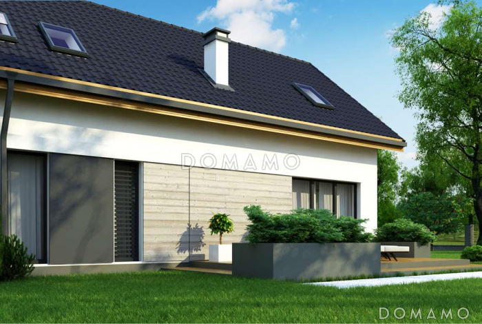 Проект одноэтажного мансардного дома из газобетона с кабинетом, балконом и гаражом