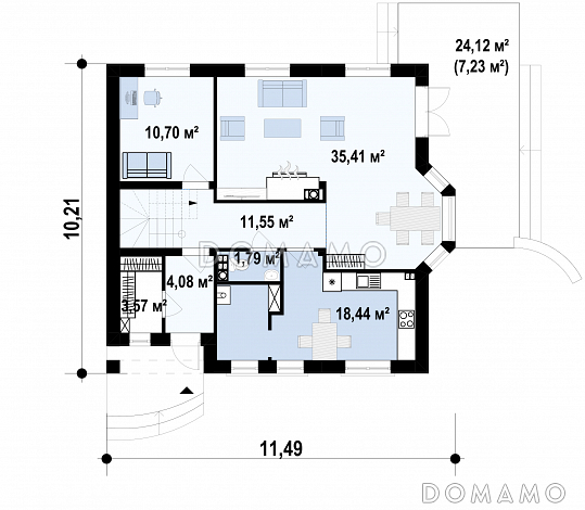 Проект комфортного дома с эркером в гостиной, кабинетом, балконом  в комнате на мансарде / План 1 этажа