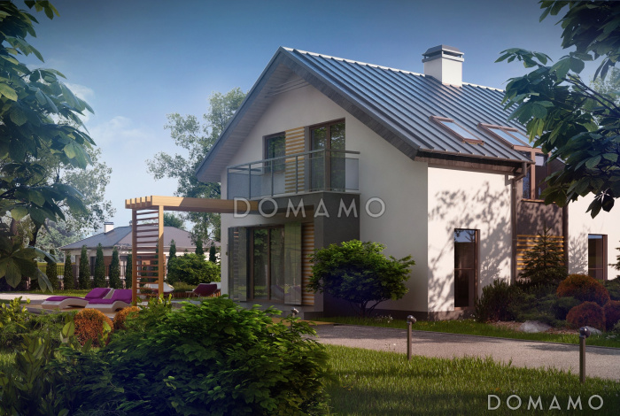 Проект одноэтажного мансардного дома из газобетона с эркером, тремя  балконами и вертикальным мансардным окном Проект одноэтажного мансардного дома из газобетона с эркером, тремя  балконами и вертикальным мансардным окном