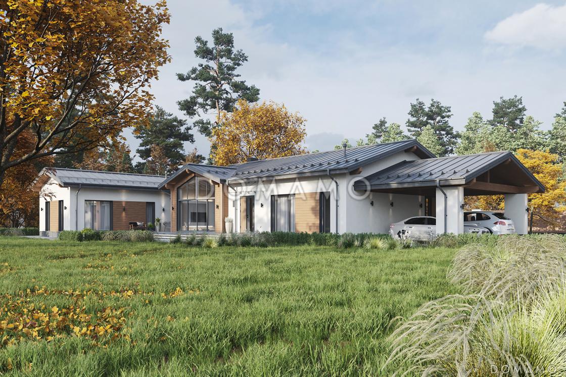 Проект одноэтажного каркасного дома Г-образной формы с навесом для автомобилей, сауной и верандой / 2