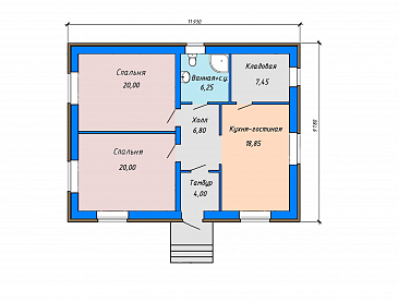 Проект небольшого одноэтажного дома с двумя спальнями, кладовой в кухне-гостиной / План 1 этажа Проект небольшого одноэтажного дома с двумя спальнями, кладовой в кухне-гостиной / План 1 этажа