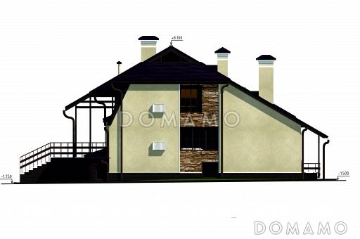 Проект дома с цокольным и мансардным этажами, с круглым эркером и террасой / Фасад 2