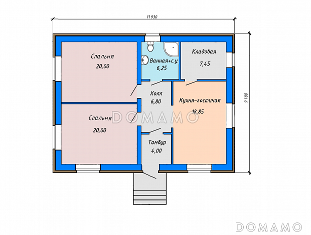 Проект небольшого одноэтажного дома с двумя спальнями, кладовой в кухне-гостиной / План 1 этажа Проект небольшого одноэтажного дома с двумя спальнями, кладовой в кухне-гостиной / План 1 этажа