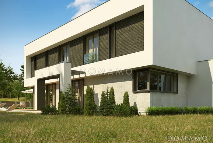 Проект современного двухэтажного дома из кирпича с плоской крышей с гаражом для двух автомобилей и террасами на обоих уровнях Проект современного двухэтажного дома из кирпича с плоской крышей с гаражом для двух автомобилей и террасами на обоих уровнях