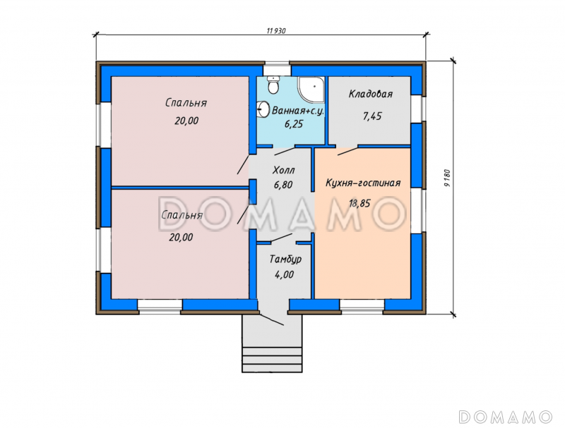 Проект небольшого одноэтажного дома с двумя спальнями, кладовой в кухне-гостиной / План 1 этажа