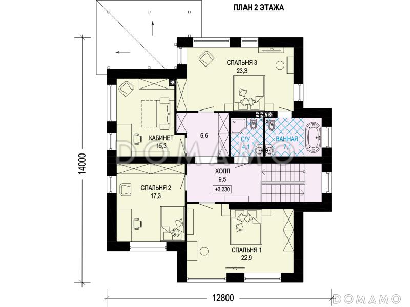 Проект дома из газобетона с гардеробной, хоз. комнатой, террасой, кабинетом / План 2 этажа