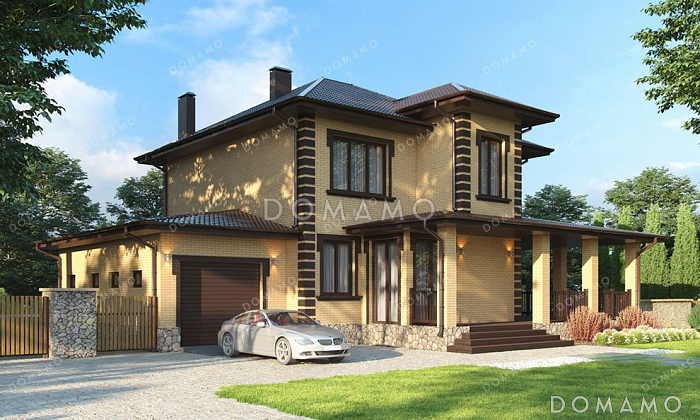 Проект дома с террасой и пристроенным гаражом