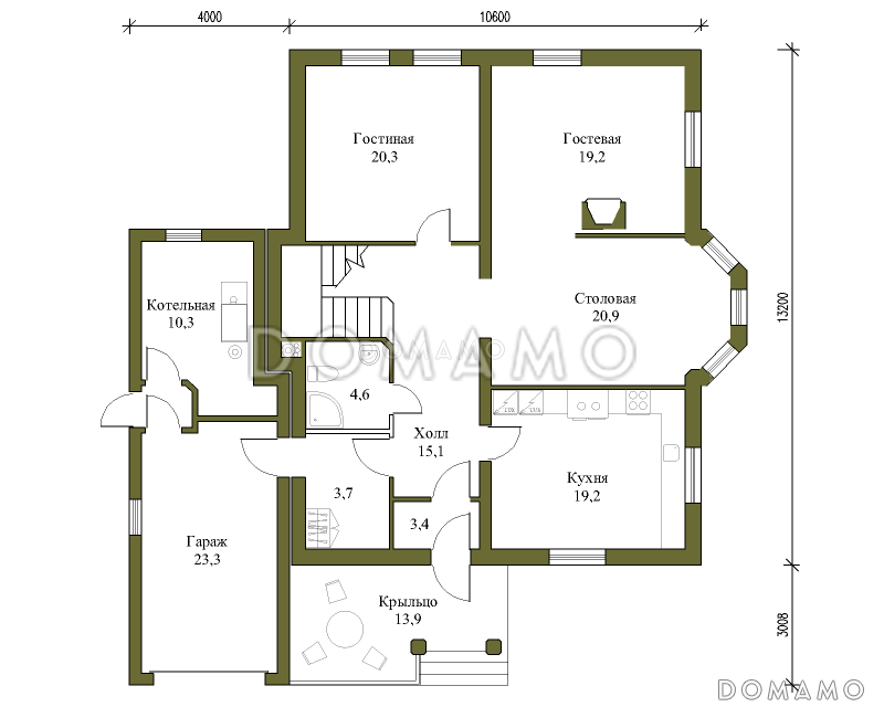 Проект двухэтажного коттеджа с мансардой / План 1 этажа