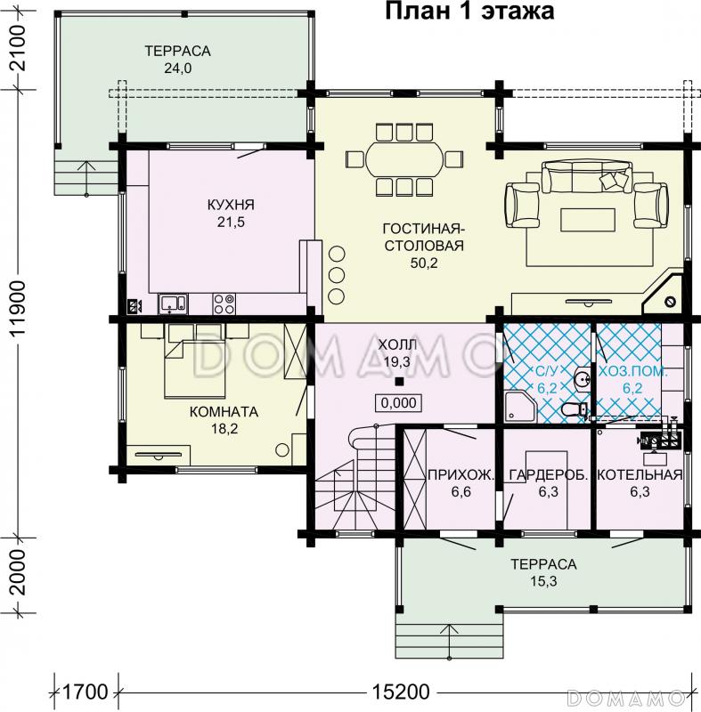 Проект двухэтажного деревянного дома с большой мастер-спальней и двумя лоджиями / План 1 этажа