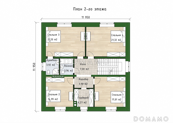 Проект двухэтажного дома с 4 спальнями, большой гостиной и подсветкой на террасе / План 2 этажа Проект двухэтажного дома с 4 спальнями, большой гостиной и подсветкой на террасе / План 2 этажа