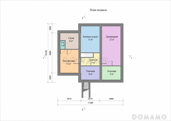 Проект кирпичного дома с цокольным и мансардным этажами, террасой и сауной / План цокольного этажа Проект кирпичного дома с цокольным и мансардным этажами, террасой и сауной / План цокольного этажа