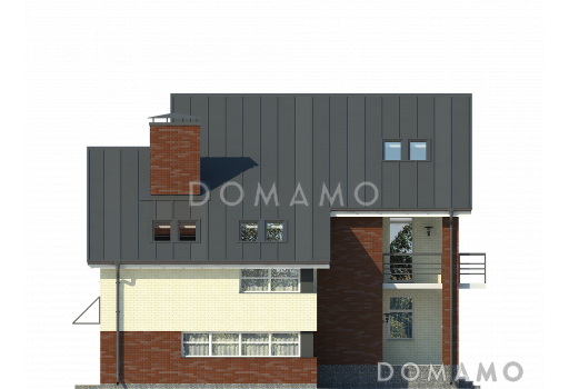 Проект дома с двухскатной крышей с мансардными окнами,  террасой, двумя балконами, кладовой на мансарде / Фасад 3