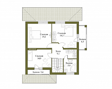 Проект двухэтажного коттеджа с террасой и двумя балконами / План 2 этажа