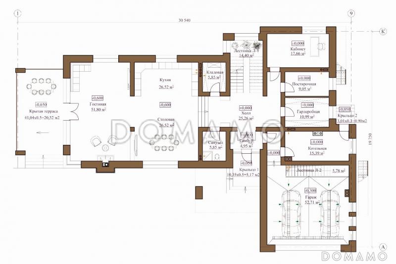 Проект коттеджа из кирпича с гаражом / План 1 этажа
