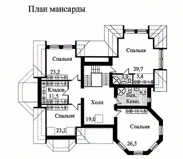 Проект дома из кирпича с необычной в плане каминной комнатой / План мансардного этажа Проект дома из кирпича с необычной в плане каминной комнатой / План мансардного этажа