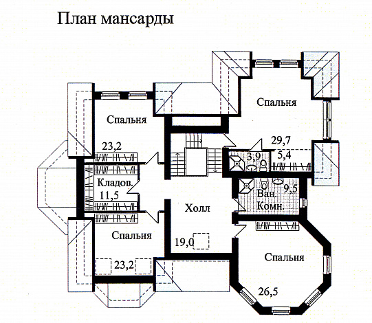 Проект дома из кирпича с необычной в плане каминной комнатой / План мансардного этажа