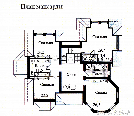 Проект дома из кирпича с необычной в плане каминной комнатой / План мансардного этажа Проект дома из кирпича с необычной в плане каминной комнатой / План мансардного этажа