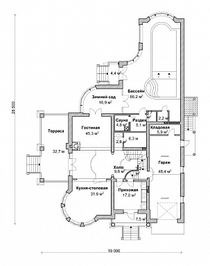 Проект коттеджа с бассейном, зимним садом и гаражом на 2 а/м,  / План 1 этажа Проект коттеджа с бассейном, зимним садом и гаражом на 2 а/м,  / План 1 этажа